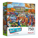 Enjoy the ROSEART - BACK TO THE PAST - TAILGATING FUN 750-piece jigsaw puzzle, featuring a vibrant vintage football tailgate scene with people, food, cars, and a stadium backdrop. Perfect for hours of entertainment!.