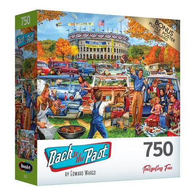 Enjoy the ROSEART - BACK TO THE PAST - TAILGATING FUN 750-piece jigsaw puzzle, featuring a vibrant vintage football tailgate scene with people, food, cars, and a stadium backdrop. Perfect for hours of entertainment!.