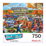 The ROSEART "Back to the Past - Tailgating Fun" 750-piece jigsaw puzzle features lively party scenes with people, cars, and picnic setups outside a bustling stadium.