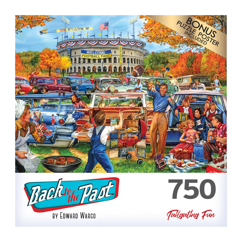 The ROSEART "Back to the Past - Tailgating Fun" 750-piece jigsaw puzzle features lively party scenes with people, cars, and picnic setups outside a bustling stadium.