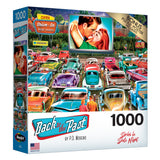 A 1000-piece jigsaw puzzle titled "RoseArt - Back to the Past - Drive In Date Night - 1000 Piece Jigsaw Puzzle" depicting a colorful, nostalgic drive-in theater scene featuring vintage cars and a romantic movie on the screen.