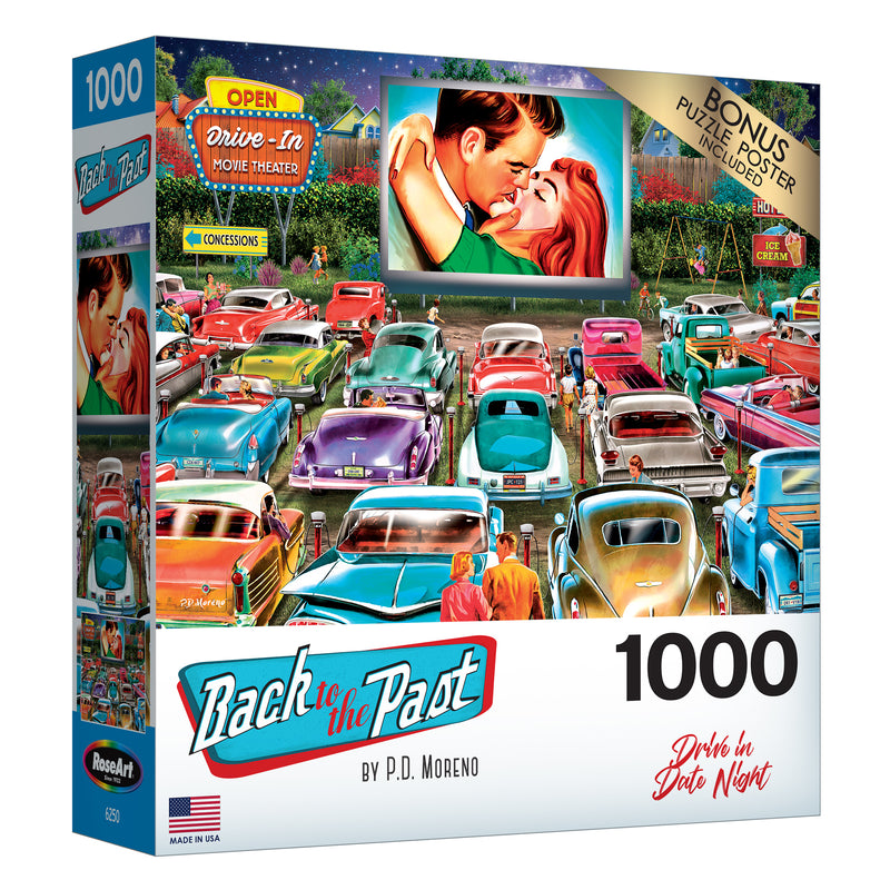A 1000-piece jigsaw puzzle titled "RoseArt - Back to the Past - Drive In Date Night - 1000 Piece Jigsaw Puzzle" depicting a colorful, nostalgic drive-in theater scene featuring vintage cars and a romantic movie on the screen.