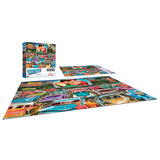 A completed RoseArt - Back to the Past - Drive In Date Night - 1000 Piece Jigsaw Puzzle with colorful vintage cars, accompanied by the puzzle box displaying the same image.