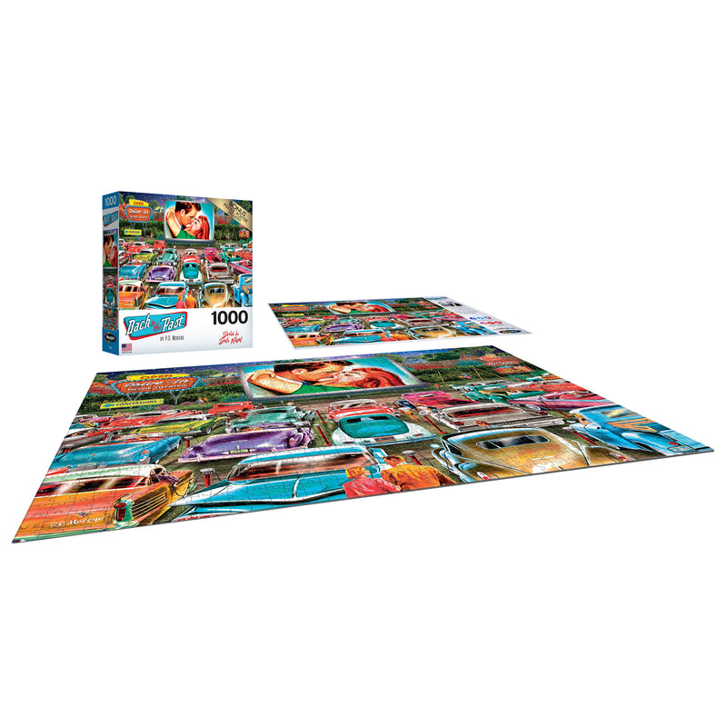 A completed RoseArt - Back to the Past - Drive In Date Night - 1000 Piece Jigsaw Puzzle with colorful vintage cars, accompanied by the puzzle box displaying the same image.