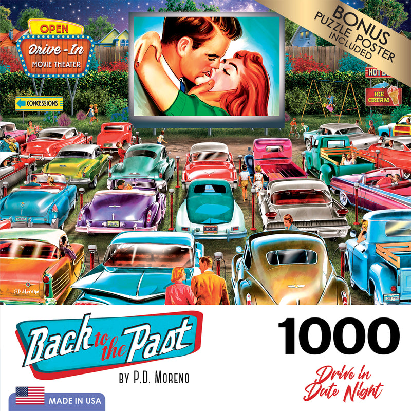 A vibrant illustration of a drive-in movie theater showing a romantic film, with a parking lot full of classic cars from the mid-20th century. Text reads "RoseArt - Back to the Past - Drive In Date Night - 1000 Piece Jigsaw Puzzle.