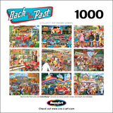 A collage of nostalgic scenes from the past, including diners, cars, fairs, and markets, with "RoseArt - Back to the Past - Drive In Date Night - 1000 Piece Jigsaw Puzzle" written at the top and "1000" indicating the number of pieces in the puzzle set.