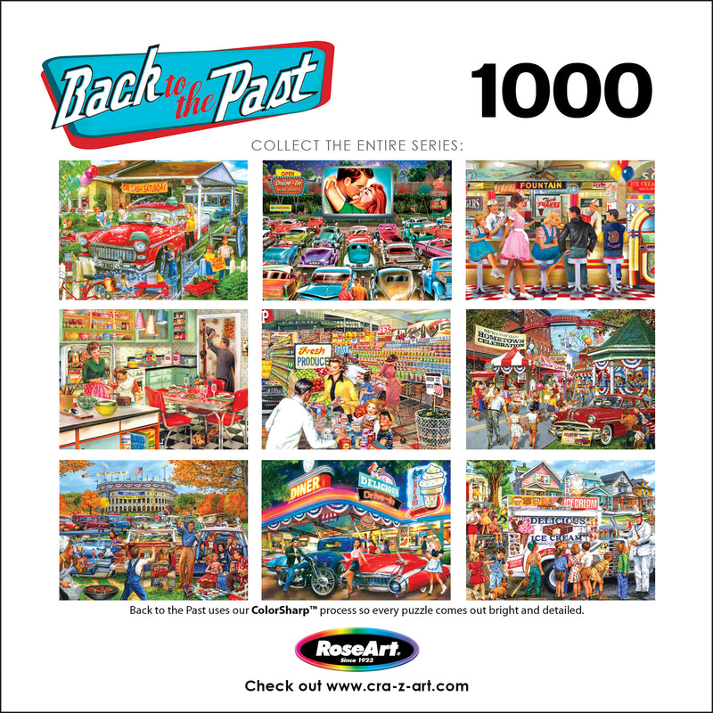 A collage of nostalgic scenes from the past, including diners, cars, fairs, and markets, with "RoseArt - Back to the Past - Drive In Date Night - 1000 Piece Jigsaw Puzzle" written at the top and "1000" indicating the number of pieces in the puzzle set.