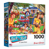 Puzzle box labeled "RoseArt - Back to the Past - Backyard BBQ - 1000 Piece Jigsaw Puzzle" by Edward Wargo, featuring a 1000-piece illustration of a vintage backyard barbecue scene with people enjoying food and activities.