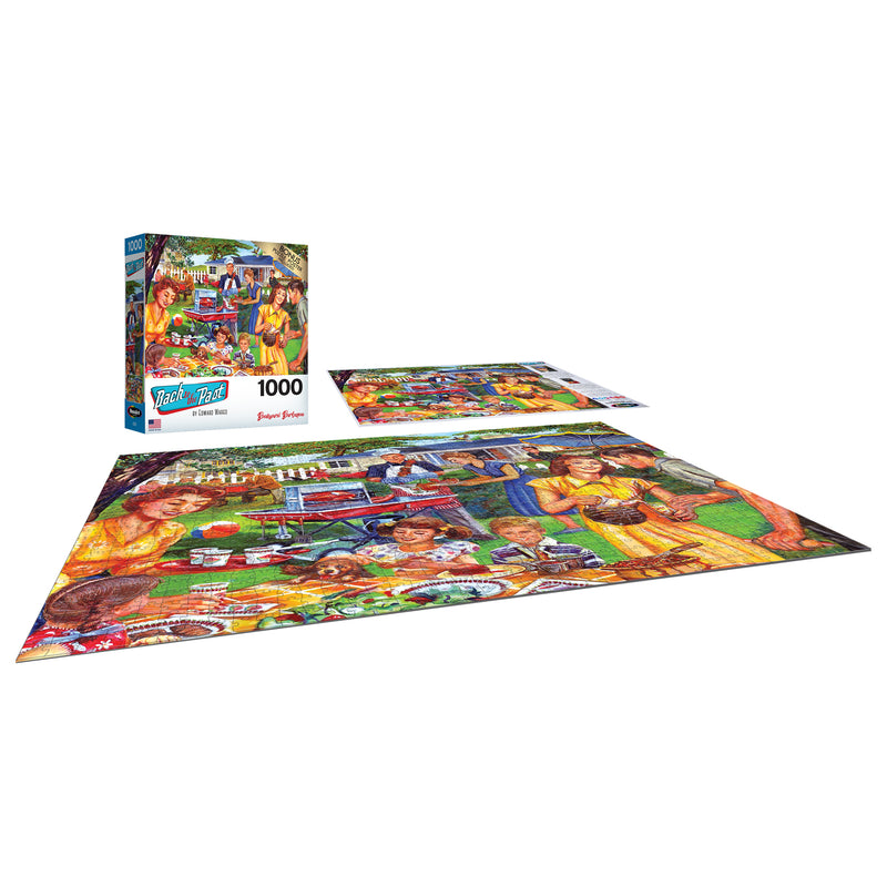 A completed RoseArt - Back to the Past - Backyard BBQ - 1000 Piece Jigsaw Puzzle depicting a colorful, nostalgic scene with people and activities. The puzzle box is displayed next to the finished puzzle.