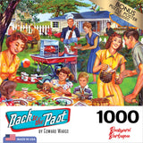 A retro-style illustration of a suburban backyard BBQ scene with several people cooking, serving, and enjoying food. The cover also shows the puzzle title "RoseArt - Back to the Past - Backyard BBQ - 1000 Piece Jigsaw Puzzle" and indicates 1000 pieces.