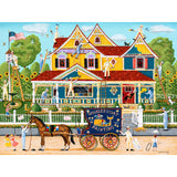 Colorful painting of a lively scene outside a vibrant house with workers painting, people and animals around, and a horse-drawn carriage with "RoseArt - Puzzle Collector - Painted Lady - 500 Piece Jigsaw Puzzle" on it in the foreground.