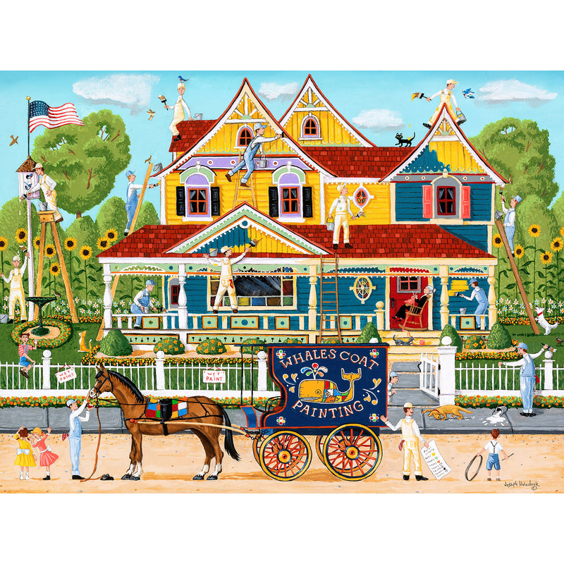 Colorful painting of a lively scene outside a vibrant house with workers painting, people and animals around, and a horse-drawn carriage with "RoseArt - Puzzle Collector - Painted Lady - 500 Piece Jigsaw Puzzle" on it in the foreground.