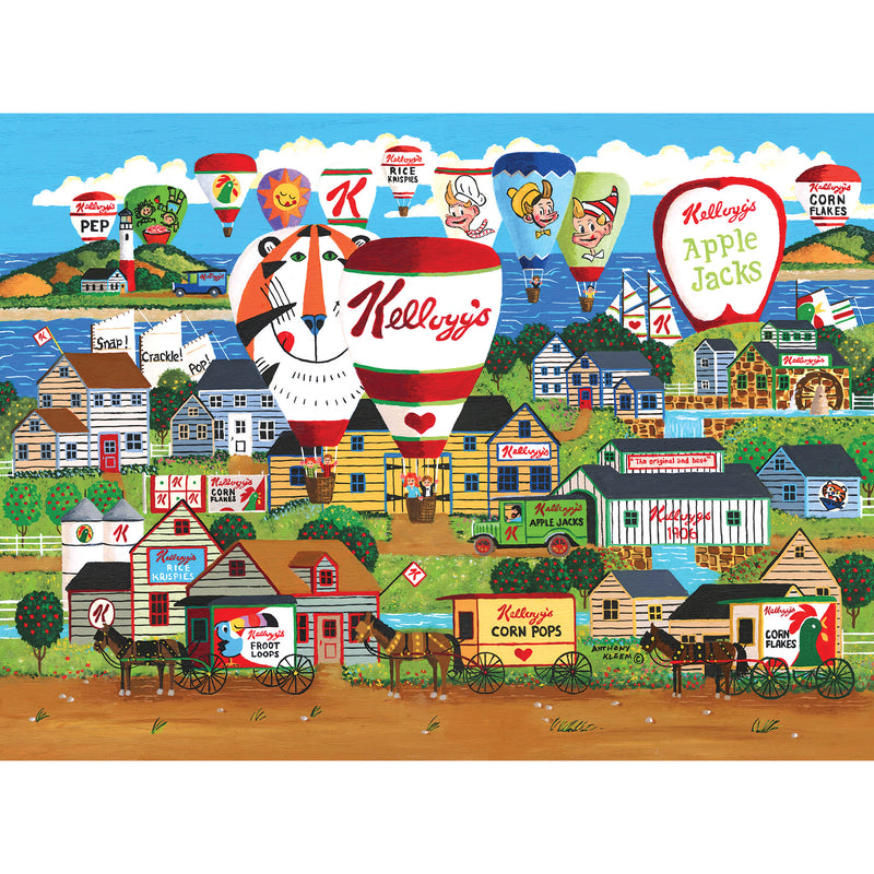 Illustration of a village scene with colorful hot air balloons featuring various Kellogg's cereal brands and vintage-style homes and buildings. Hot air balloons display cereal logos like Frosted Flakes and Apple Jacks, part of the RoseArt - Kellogg's - Hot Air Balloon Celebration - 1000 Piece Jigsaw Puzzle.