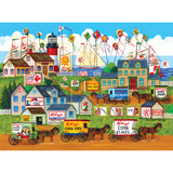 A colorful illustration of a coastal village with numerous buildings and horse-drawn carts, all decorated with various RoseArt - Kellogg's - Town by the Sea - 1000 Piece Jigsaw Puzzle advertisements and logos. Kites fly in the sky above.