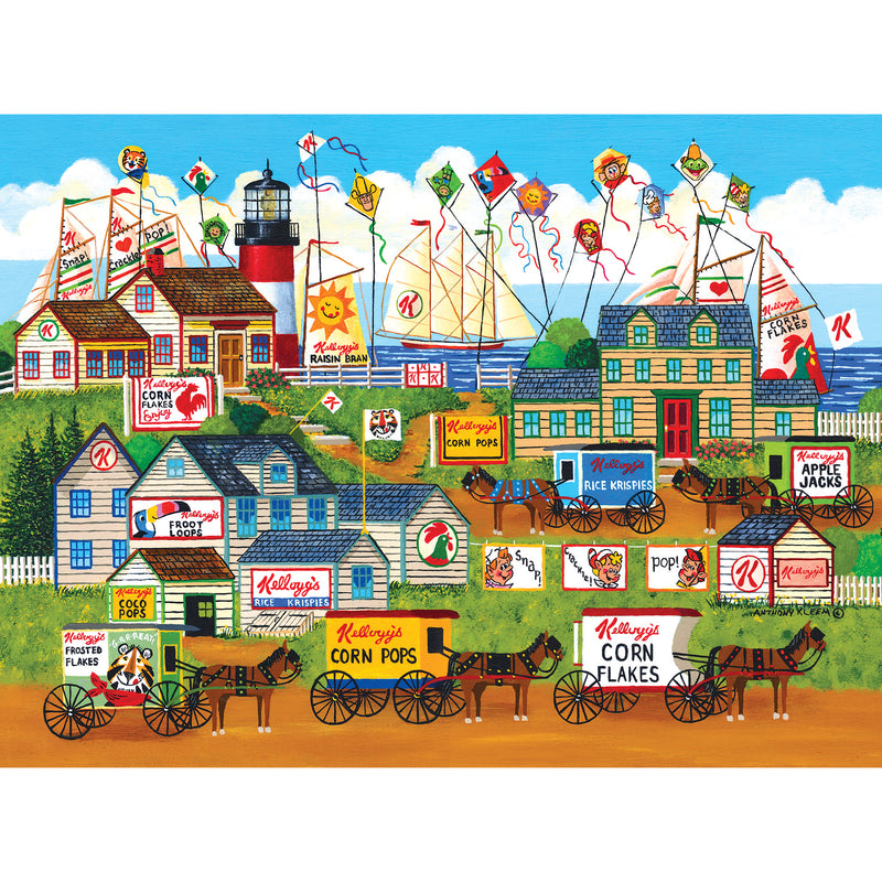 A colorful illustration of a coastal village with numerous buildings and horse-drawn carts, all decorated with various RoseArt - Kellogg's - Town by the Sea - 1000 Piece Jigsaw Puzzle advertisements and logos. Kites fly in the sky above.