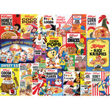 A collage of various RoseArt - Kellogg's - Cereal Favorites - 1000 Piece Jigsaw Puzzle boxes including Corn Pops, Frosted Flakes, Froot Loops, Honey Smacks, Rice Krispies, and Cocoa Krispies, featuring colorful and animated designs.