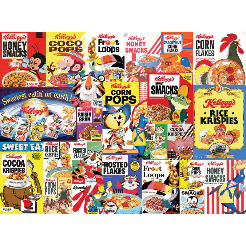 A collage of various RoseArt - Kellogg's - Cereal Favorites - 1000 Piece Jigsaw Puzzle boxes including Corn Pops, Frosted Flakes, Froot Loops, Honey Smacks, Rice Krispies, and Cocoa Krispies, featuring colorful and animated designs.