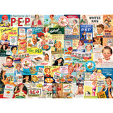 A collage of vintage cereal advertisements featuring various brands and products, with images of people, colorful boxes, and promotional slogans like the RoseArt - Kellogg's - Cereal Ads - 1000 Piece Jigsaw Puzzle.