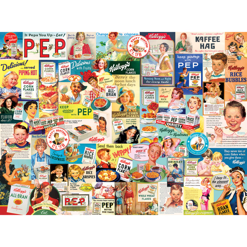 A collage of vintage cereal advertisements featuring various brands and products, with images of people, colorful boxes, and promotional slogans like the RoseArt - Kellogg's - Cereal Ads - 1000 Piece Jigsaw Puzzle.