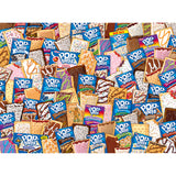 A collage of various RoseArt - Kellogg's - Pop Tarts Party - 1000 Piece Jigsaw Puzzle flavors in their packaging and outside, showing different frosting, fillings, and designs.
