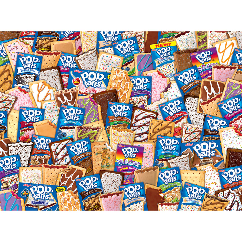 A collage of various RoseArt - Kellogg's - Pop Tarts Party - 1000 Piece Jigsaw Puzzle flavors in their packaging and outside, showing different frosting, fillings, and designs.
