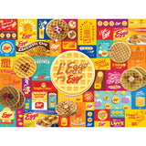 A collage featuring numerous boxes and logos of RoseArt - Kellogg's - Leggo My Eggo - 1000 Piece Jigsaw Puzzle in various flavors and styles, including close-up images of the waffles.