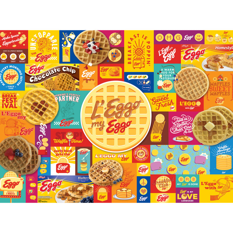 A collage featuring numerous boxes and logos of RoseArt - Kellogg's - Leggo My Eggo - 1000 Piece Jigsaw Puzzle in various flavors and styles, including close-up images of the waffles.
