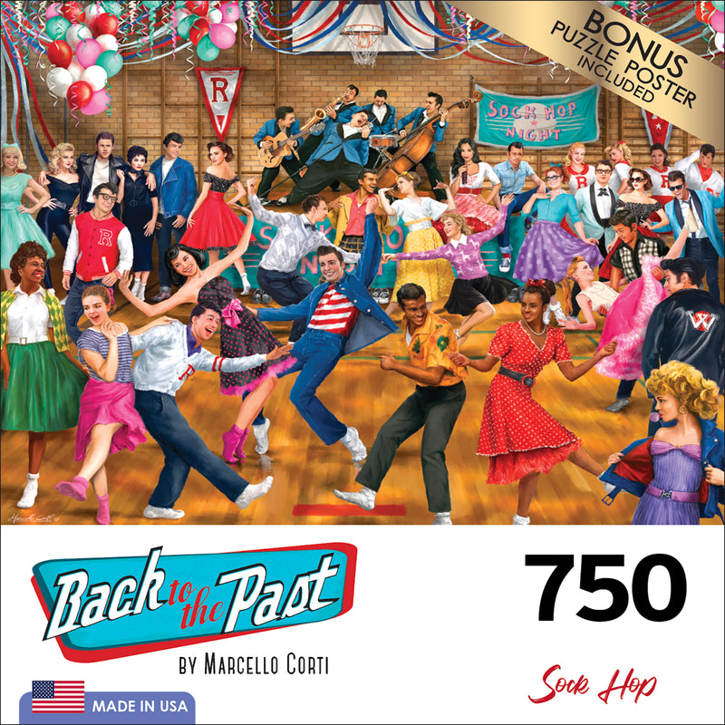 Illustration of a lively 1950s-themed sock hop dance in a gymnasium, featuring couples dancing and musicians playing on stage. The image is a 750-piece puzzle titled "RoseArt - Back to the Past - Sock Hop - 750 Piece Jigsaw Puzzle" by Marcello Corti.