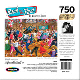 Front cover of the RoseArt - Back to the Past - Sock Hop - 750 Piece Jigsaw Puzzle box showing a lively sock hop scene by Marcello Corti. Colorful dancers in 1950s attire fill a decorated hall. Text details, image size, and artist biography included.