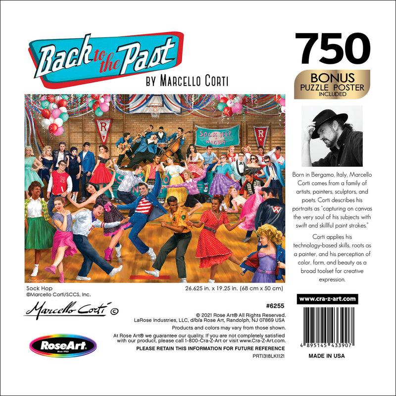 Front cover of the RoseArt - Back to the Past - Sock Hop - 750 Piece Jigsaw Puzzle box showing a lively sock hop scene by Marcello Corti. Colorful dancers in 1950s attire fill a decorated hall. Text details, image size, and artist biography included.