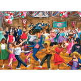 A lively scene of teenagers dancing energetically in a decorated gymnasium. A live band plays on stage, and "RoseArt - Back to the Past - Sock Hop - 750 Piece Jigsaw Puzzle" is written on a banner in the background, with balloons and streamers overhead.