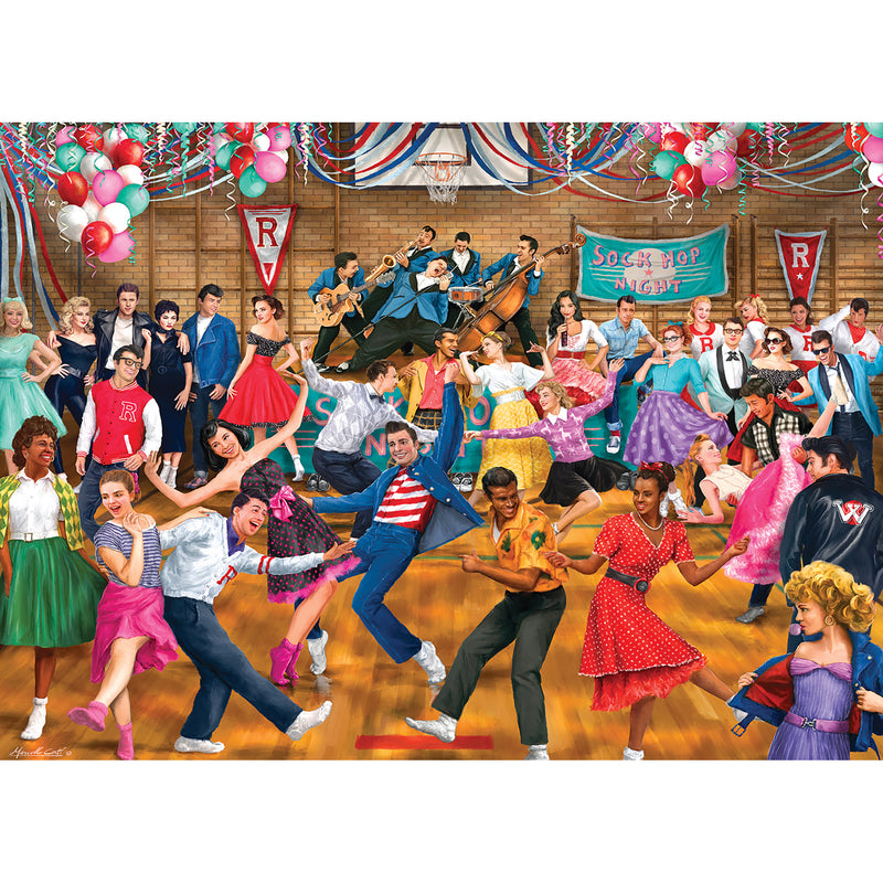 A lively scene of teenagers dancing energetically in a decorated gymnasium. A live band plays on stage, and "RoseArt - Back to the Past - Sock Hop - 750 Piece Jigsaw Puzzle" is written on a banner in the background, with balloons and streamers overhead.