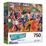 Box of a RoseArt - Back to the Past - Sock Hop - 750 Piece Jigsaw Puzzle featuring a lively 1950s sock hop scene. Includes a bonus poster. Made in the USA.