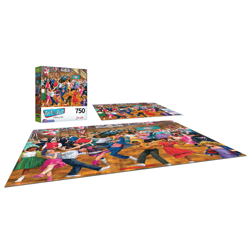 A completed RoseArt - Back to the Past - Sock Hop - 750 Piece Jigsaw Puzzle and its box are displayed. The puzzle depicts a colorful scene of people dancing and having fun.