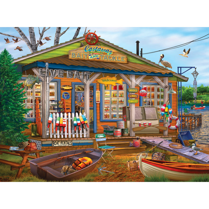 A colorful bait and tackle shop by the water offers boat rentals, live bait, and fishing gear. The scene includes fishing rods, buoys, a canoe, and ducks flying overhead in the RoseArt - Chris Bigelow - Castaway Bait and Tackle - 1000 Piece Jigsaw Puzzle.