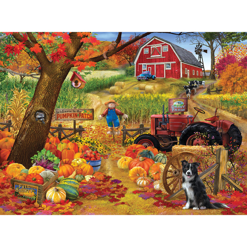Colorful autumn scene with pumpkins, a scarecrow, a dog, and a red tractor on a farm. A red barn and fields are visible in the background, with fall foliage adding vibrant colors to the landscape. The scene is beautifully depicted in the RoseArt - Chris Bigelow - Fall Harvest - 1000 Piece Jigsaw Puzzle.