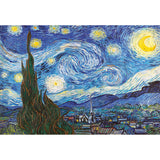 A famous painting depicting a night sky filled with swirling stars and a bright crescent moon over a small village and rolling hills, with a tall cypress tree in the foreground is featured in the RoseArt - Kodak Masters - The Starry Night by Vincent Van Gogh - 2000 Piece Jigsaw Puzzle.