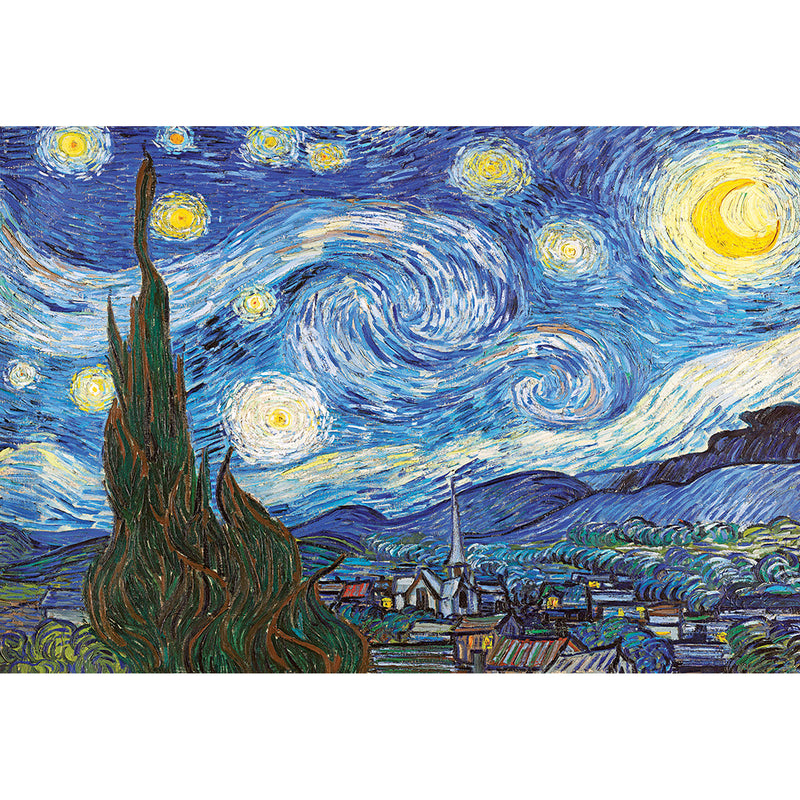 A famous painting depicting a night sky filled with swirling stars and a bright crescent moon over a small village and rolling hills, with a tall cypress tree in the foreground is featured in the RoseArt - Kodak Masters - The Starry Night by Vincent Van Gogh - 2000 Piece Jigsaw Puzzle.