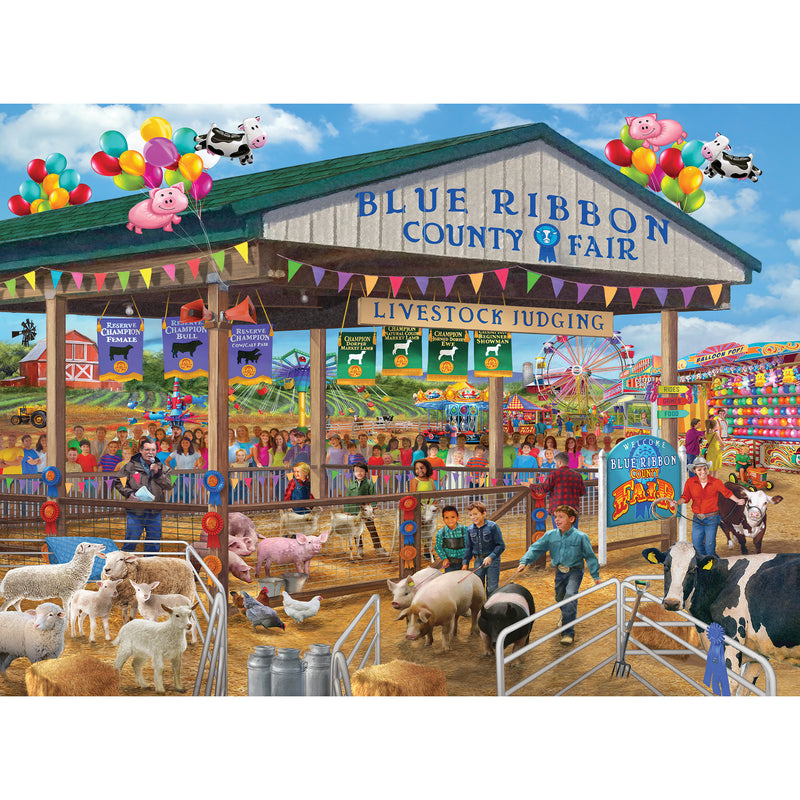 A colorful scene of a county fair showcasing livestock judging. People are observing various animals, including sheep and cows. The background features fair attractions and balloon decorations is depicted in the **RoseArt - Chris Bigelow - Blue Ribbon Country Fair - 1000 Piece Jigsaw Puzzle**.