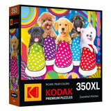 Colorful RoseArt-Kodak Premium-Puppy Socks-350 Piece Jigsaw Puzzle featuring five puppies in polka dot slippers against a vibrant background, titled "Grandma's Kitchen.