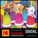 Colorful RoseArt-Kodak Premium-Puppy Socks-350 Piece Jigsaw Puzzle box showing five puppies of various breeds sitting in polka-dotted shoes against a vibrant background. Text includes "Kodak Premium Puzzles," "350XL," and "Grandma's Kitchen.