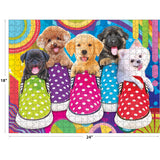 RoseArt-Kodak Premium-Puppy Socks-350 Piece Jigsaw Puzzle featuring five puppies sitting inside polka-dotted shoes against a vibrant, psychedelic background. The assembled puzzle measures 18 inches by 24 inches.