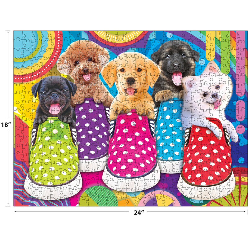 RoseArt-Kodak Premium-Puppy Socks-350 Piece Jigsaw Puzzle featuring five puppies sitting inside polka-dotted shoes against a vibrant, psychedelic background. The assembled puzzle measures 18 inches by 24 inches.