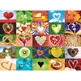 A collage of various heart shapes created from objects and nature, including leaves, flowers, wood, sand, and food, all arranged in a colorful and diverse grid pattern: RoseArt - Kodak Cork - Love is Everywhere - 1000 Piece Jigsaw Puzzle.