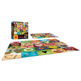 A 1000-piece RoseArt - Kodak Cork - Love is Everywhere - 1000 Piece Jigsaw Puzzle featuring a colorful collage of heart-themed corkboard images is shown assembled with the puzzle box standing nearby.