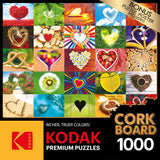 Image of a RoseArt - Kodak Cork - Love is Everywhere - 1000 Piece Jigsaw Puzzle box. Features a 1000-piece "Cork Board" puzzle with a mosaic of heart images in various designs and materials. The box indicates a bonus puzzle poster is included.