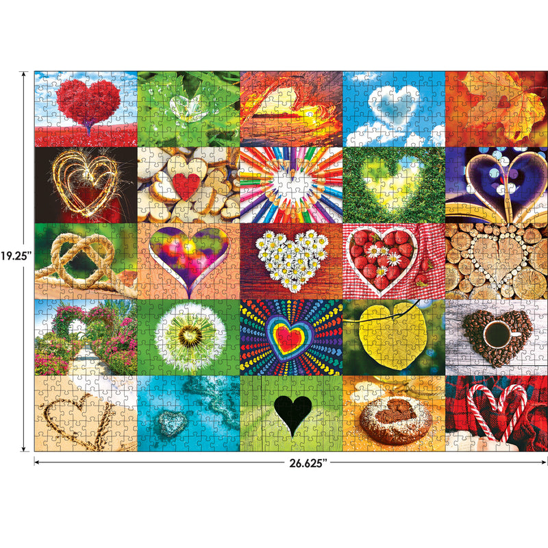 A colorful jigsaw puzzle measuring 19.25 by 26.625 inches, featuring multiple heart-shaped designs made from various objects such as flowers, stones, wood, and light patterns is the RoseArt - Kodak Cork - Love is Everywhere - 1000 Piece Jigsaw Puzzle.
