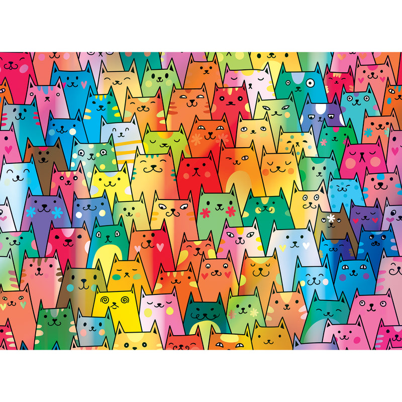 RoseArt - Rose - Cute Colorful Cats - 1000 Piece Jigsaw Puzzle featuring cartoon cats with various facial expressions, drawn in bright and varied colors.