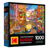 A ROSEART Kodak Premium 1000-piece jigsaw puzzle box depicting a vibrant scene of Venice's Grand Canal with boats, charming buildings, and a beautiful sunset sky.