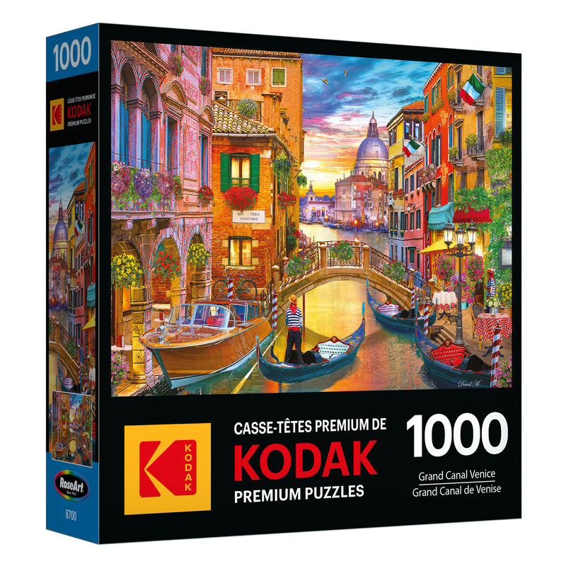 A ROSEART Kodak Premium 1000-piece jigsaw puzzle box depicting a vibrant scene of Venice's Grand Canal with boats, charming buildings, and a beautiful sunset sky.